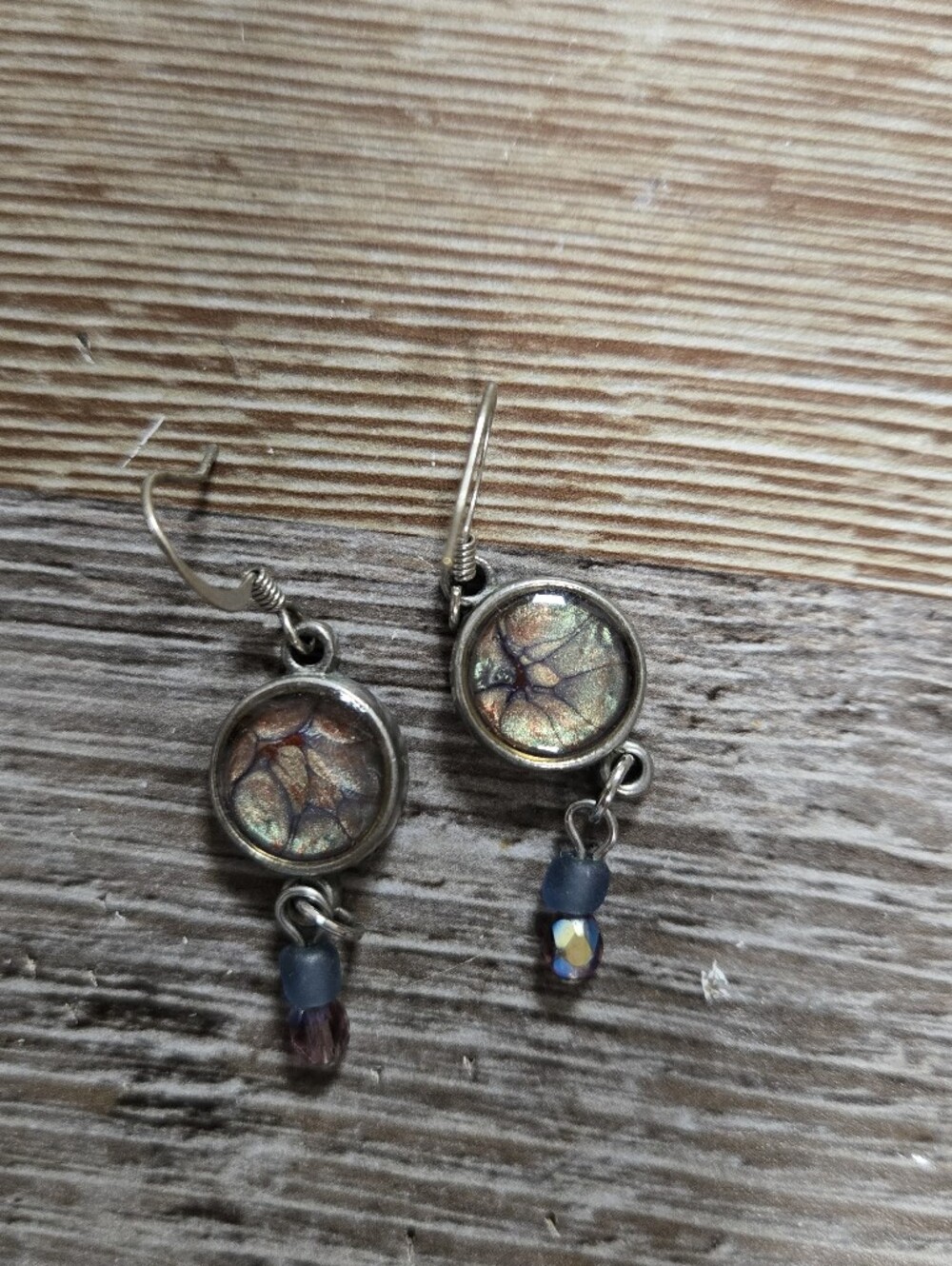 Iridescent Multicolor Glass Drop Earrings with Blue Accent Beads